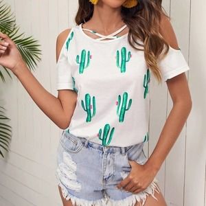 Cold Shoulder Short Sleeve Cactus T-shirt